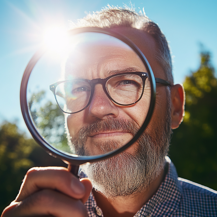 Een oudere man met bril die door een vergrootglas kijkt.
