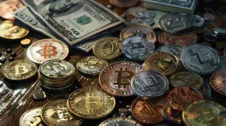 Een afbeelding van crypto munten en dollar bank biljetten.