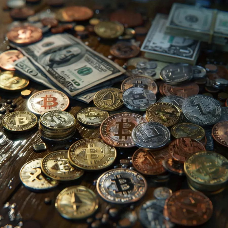 Een afbeelding van crypto munten en dollar bank biljetten.