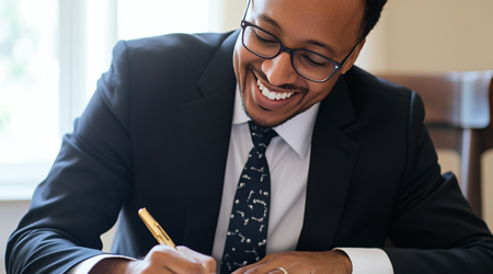 Een jonge man die met een gouden pen aan het schrijven is