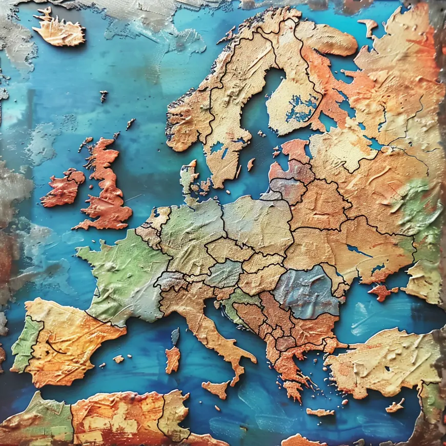 Kaart van Europa met geografische en landschappelijke kenmerken.