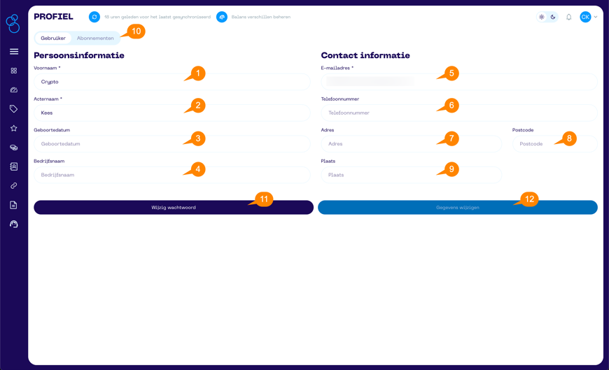 Een screenshot van de Portfolio App met schermonderdeel aanwijzingen voor het profiel scherm