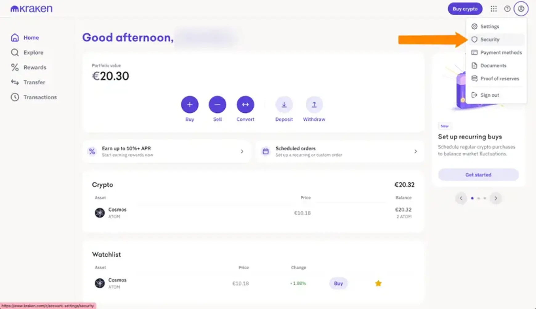 Screenshot van Kraken met een aanwijzing voor profiel en security