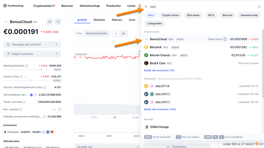 Een screenshot van Coin Market Cap website met aanwijzingen voor het opzoeken coin rangschikking.