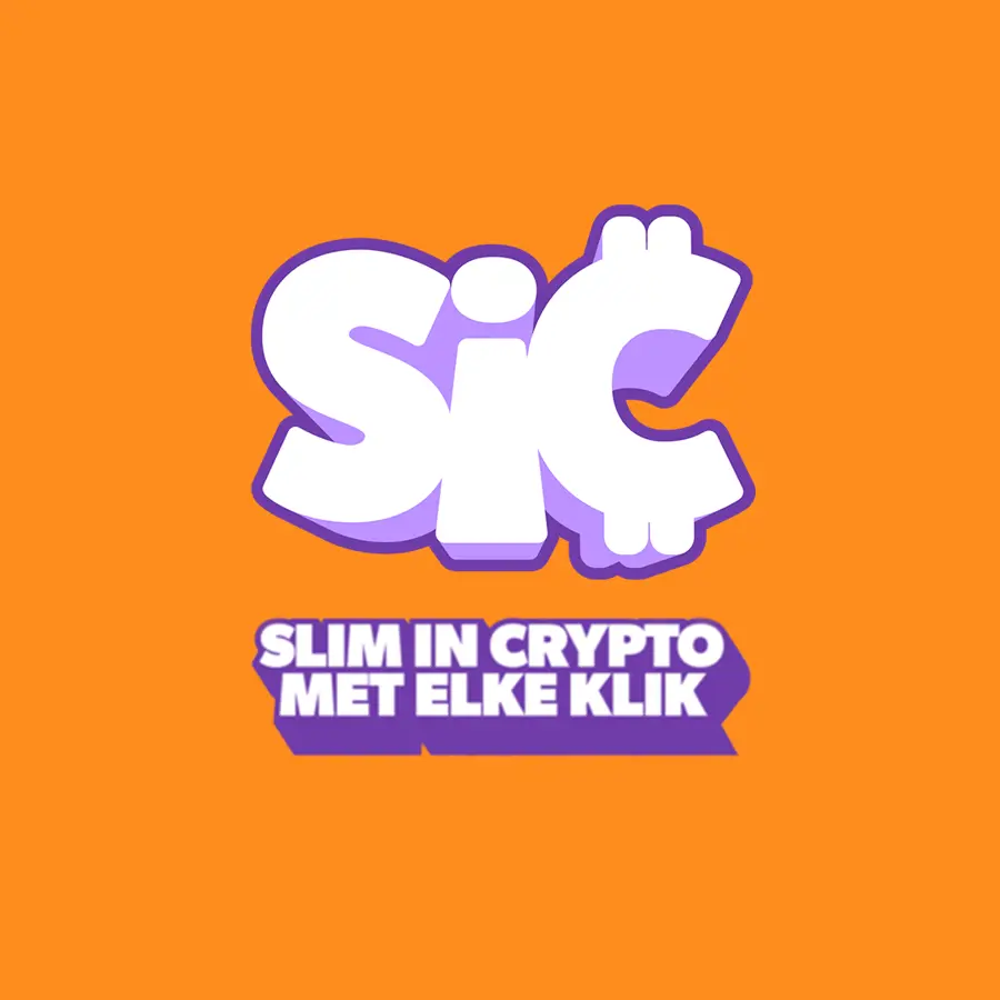 Slim in crypto logo op een oranje achtergrond met de tekst slim in cyrpto met elke klik eronder
