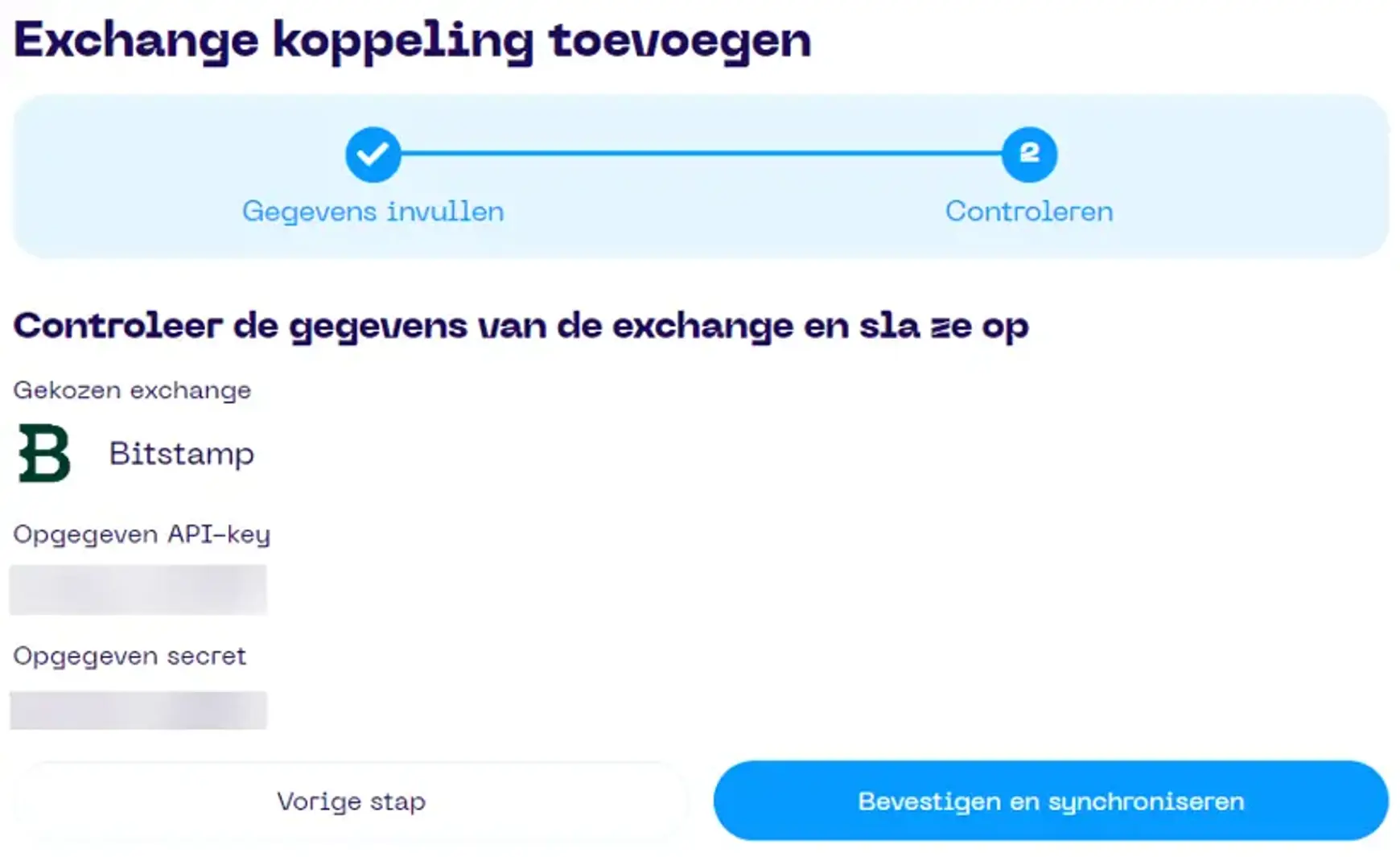Een screenshot van de Portfolio App met schermonderdeel aanwijzingen voor koppelen van Bitstamp stap 2