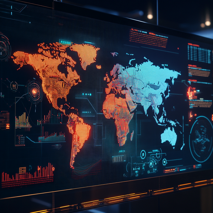 Een digitale kaart van de wereld met de kleuren blauw en oranje