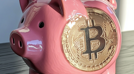 Een roze spaarvarken met een bitcoin symbool aan de zijkant op een zwart houten tafel.