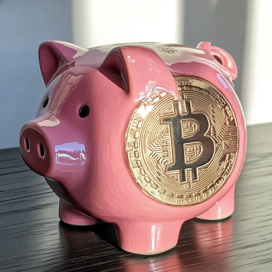 Een roze spaarvarken met een bitcoin symbool aan de zijkant op een zwart houten tafel.
