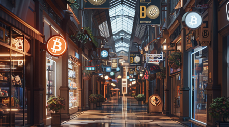 Een winkel centrum met borden waar crypto op staat.