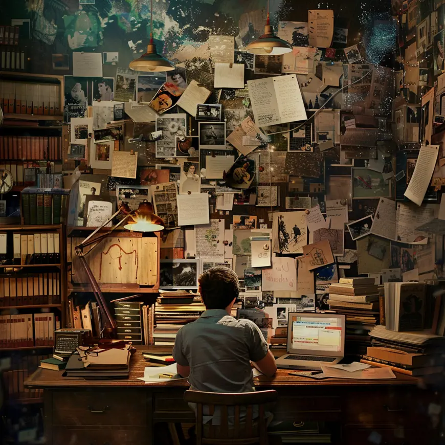 Een persoon zit aan hun bureau, omringd door verspreide papieren en foto’s aan de muur achter hen.