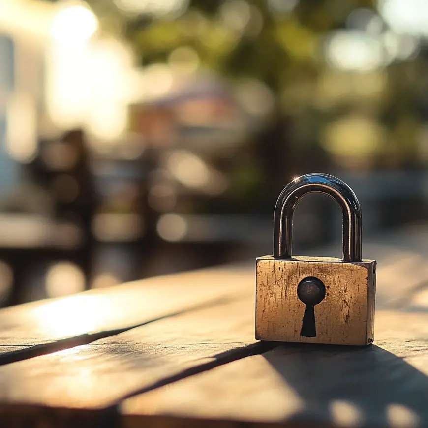 Een close-up van een hangslot die op een houten tafel staat.