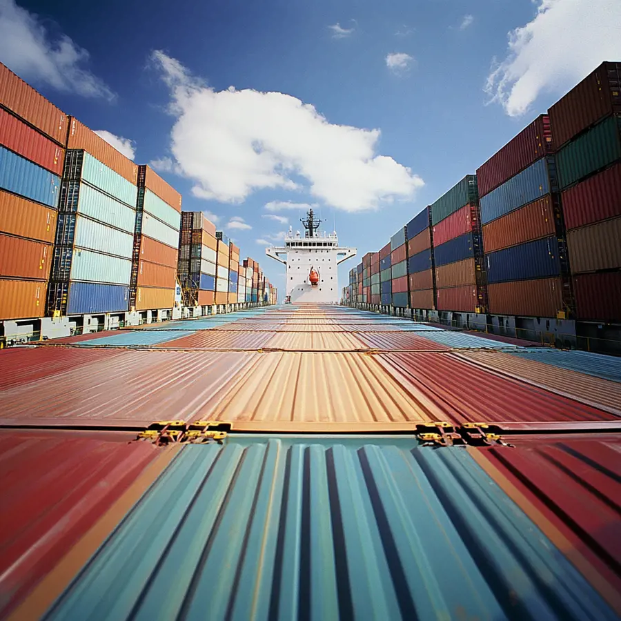 Een containerschip met veel kleurige containers met het stuurhut in zicht