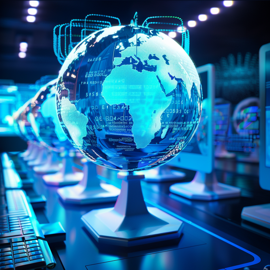 Meerdere blauw gekleurde wereldbollen op rij op een buro.