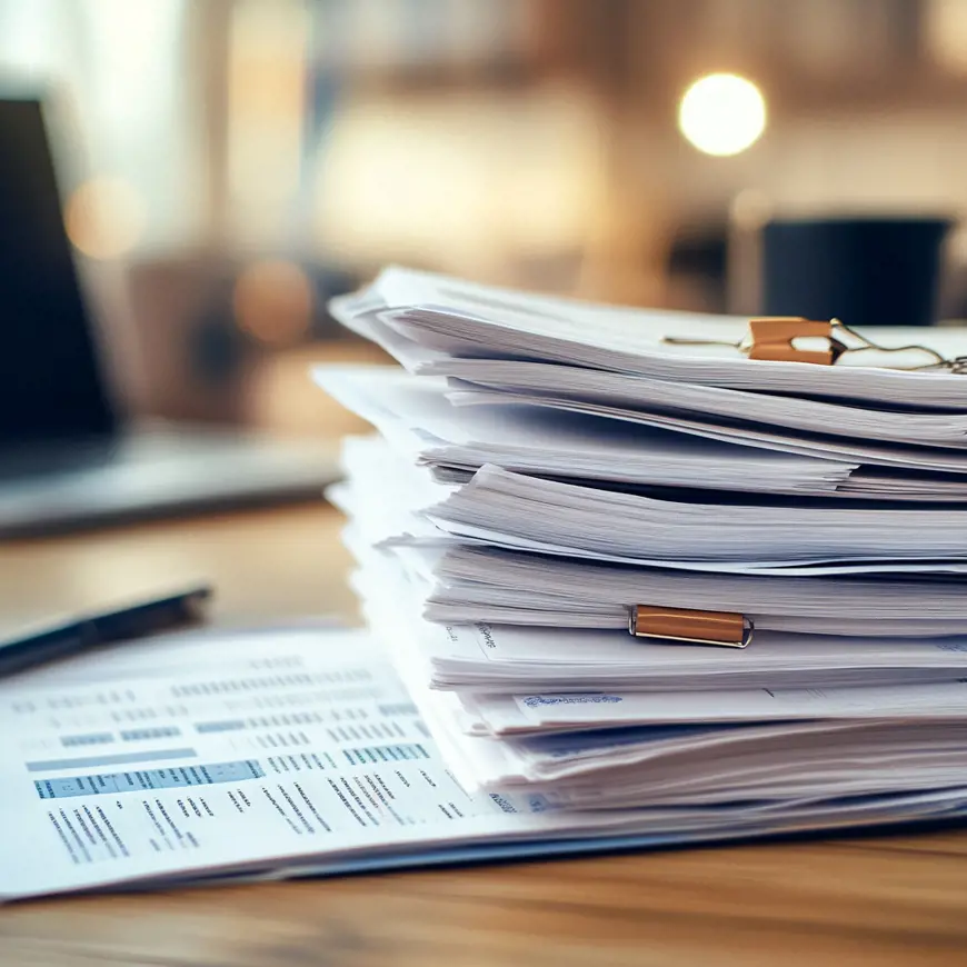 Een stapel documenten op een buro met een laptop vervaagd in de achtergrond.
