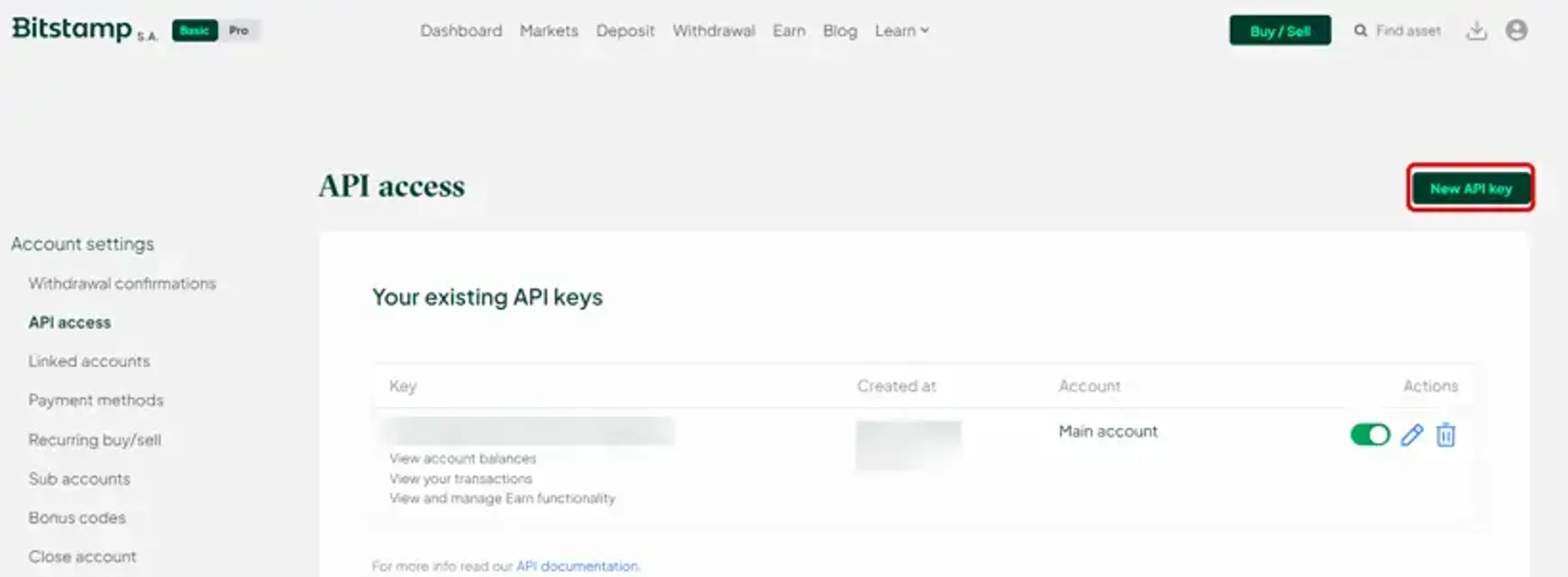 Screenshot van Bitstamp met een aanwijzing voor een niew api key