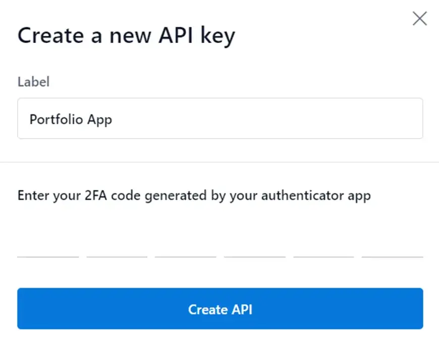 Screenshot van Coinbase met details ingevuld voor de api key