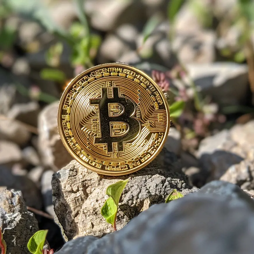 Een close-up van een Bitcoin die bovenop stenen staat, in de buitenlucht.