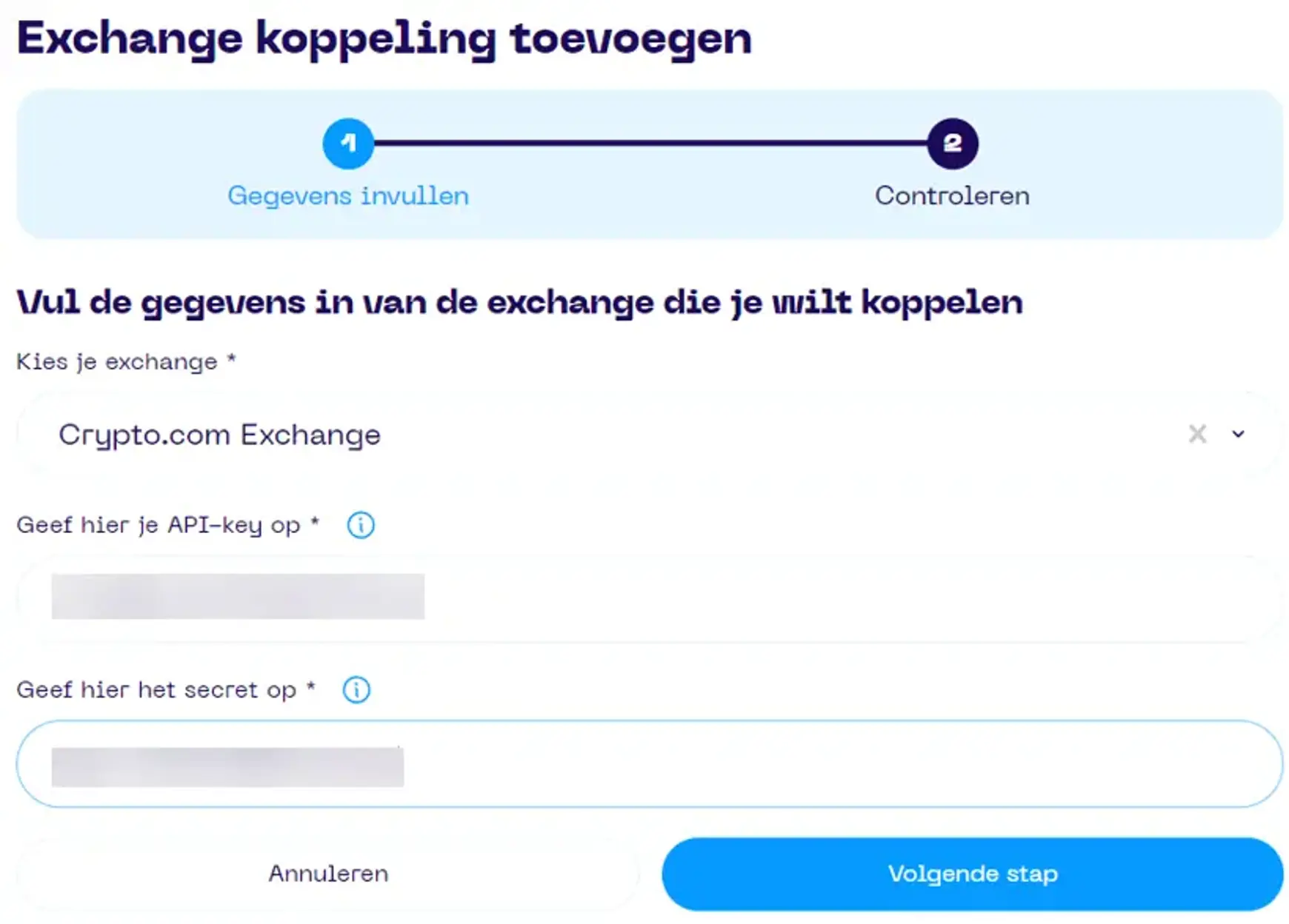 Een screenshot van de Portfolio App met schermonderdeel aanwijzingen voor koppelen van Crypto.com stap 1