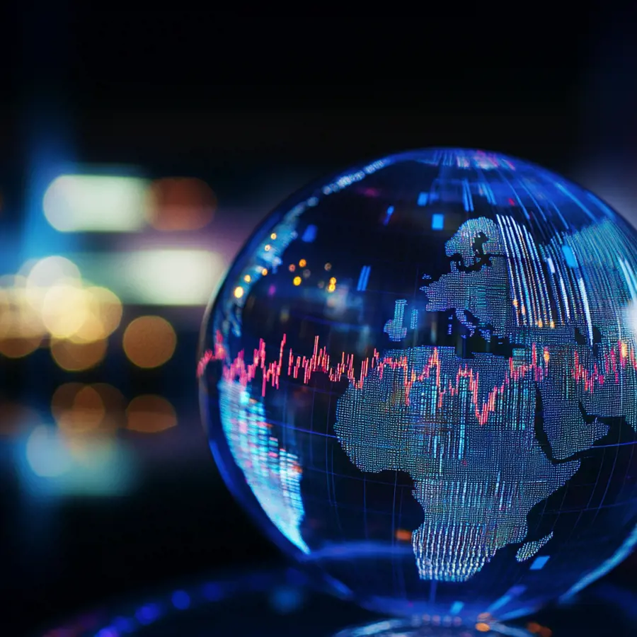 Een wereldbol waarop markten en data stromen zichtbaar zijn