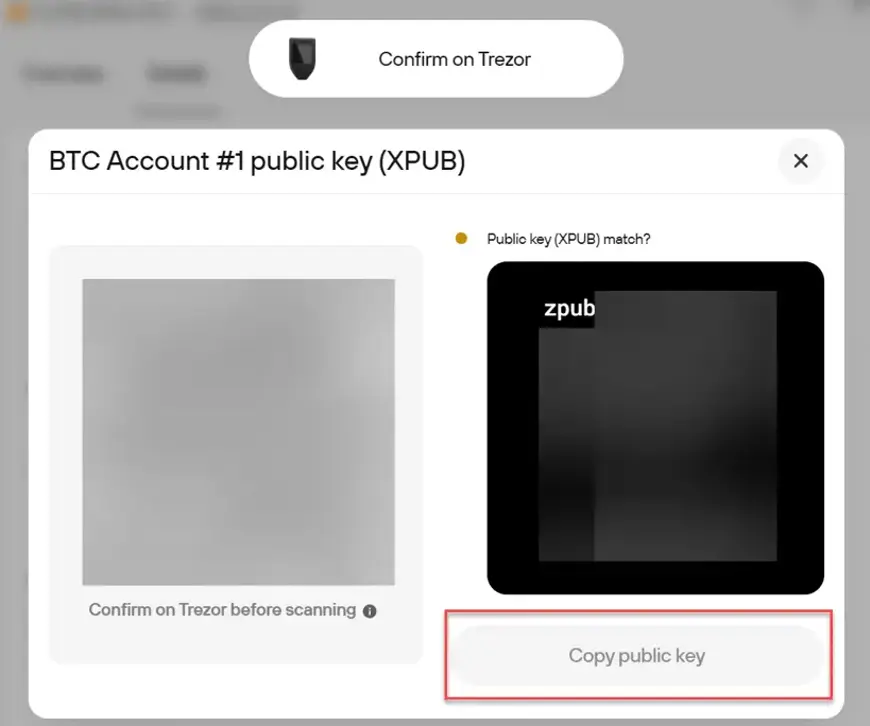 Screenshot van Trezor over Bitcoin public key