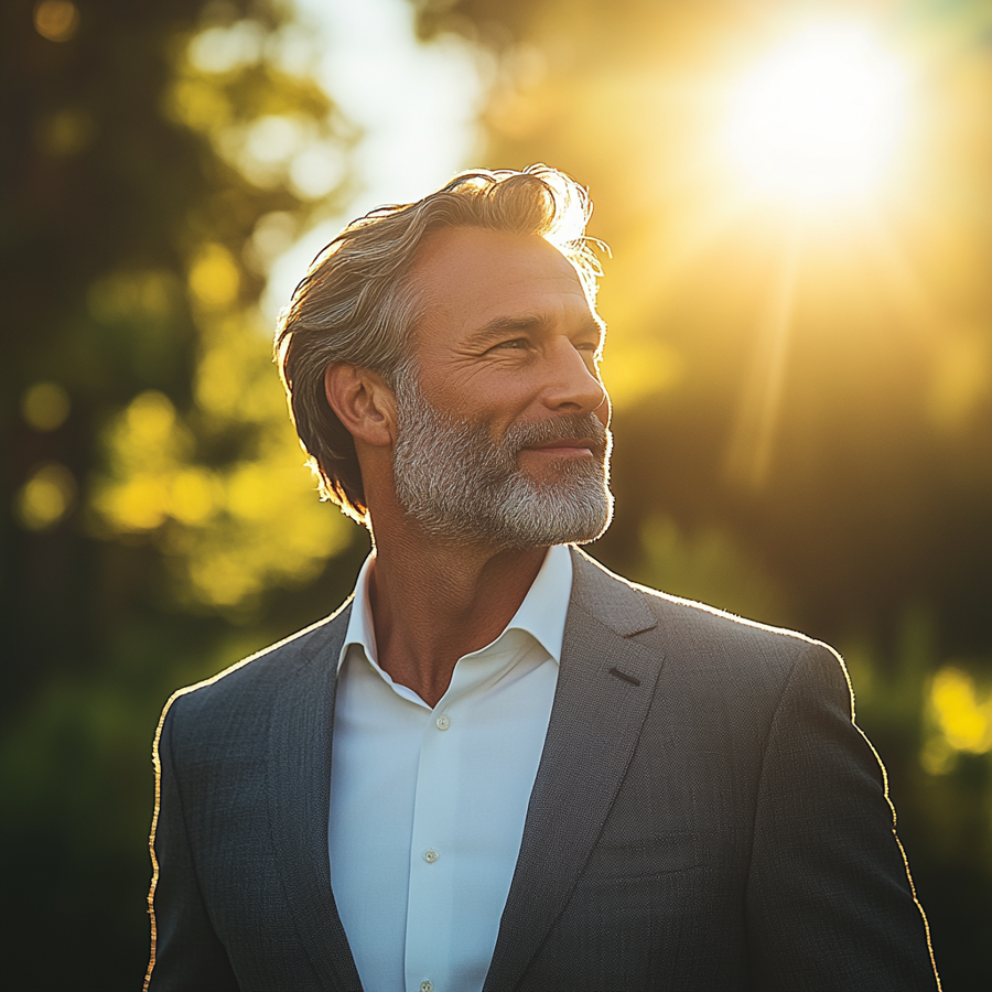 Een portret van een oudere man in een grijs pak met wit overhemd die naar rechts kiijkt