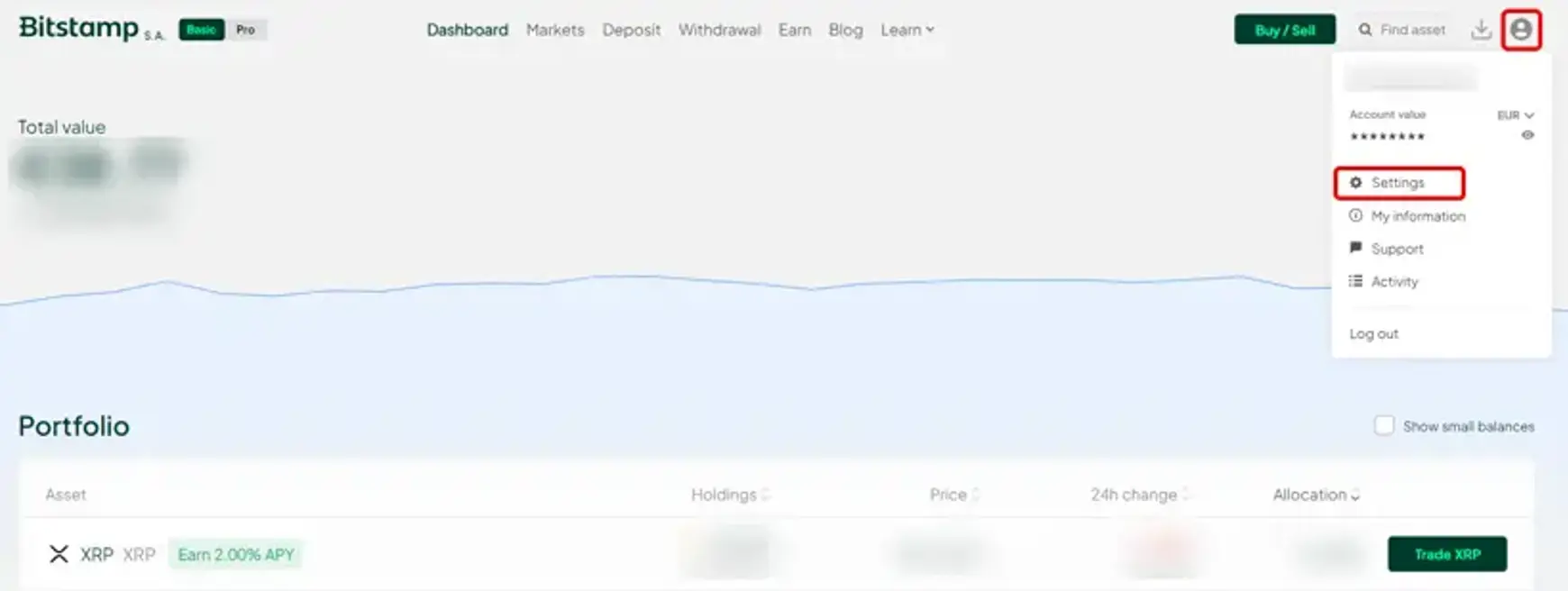 Screenshot van Bitstamp met een aanwijzing voor profiel en settings