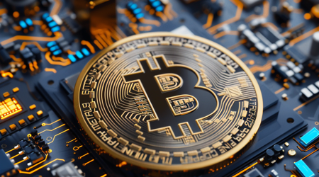 Een close-up van een Bitcoin op een moederbord met verschillende onderdelen van het moederbord zichtbaar.