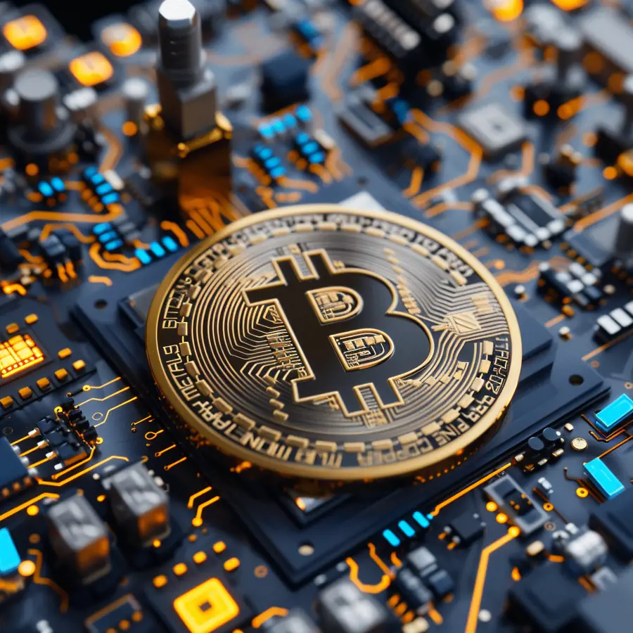 Een close-up van een Bitcoin op een moederbord met verschillende onderdelen van het moederbord zichtbaar.