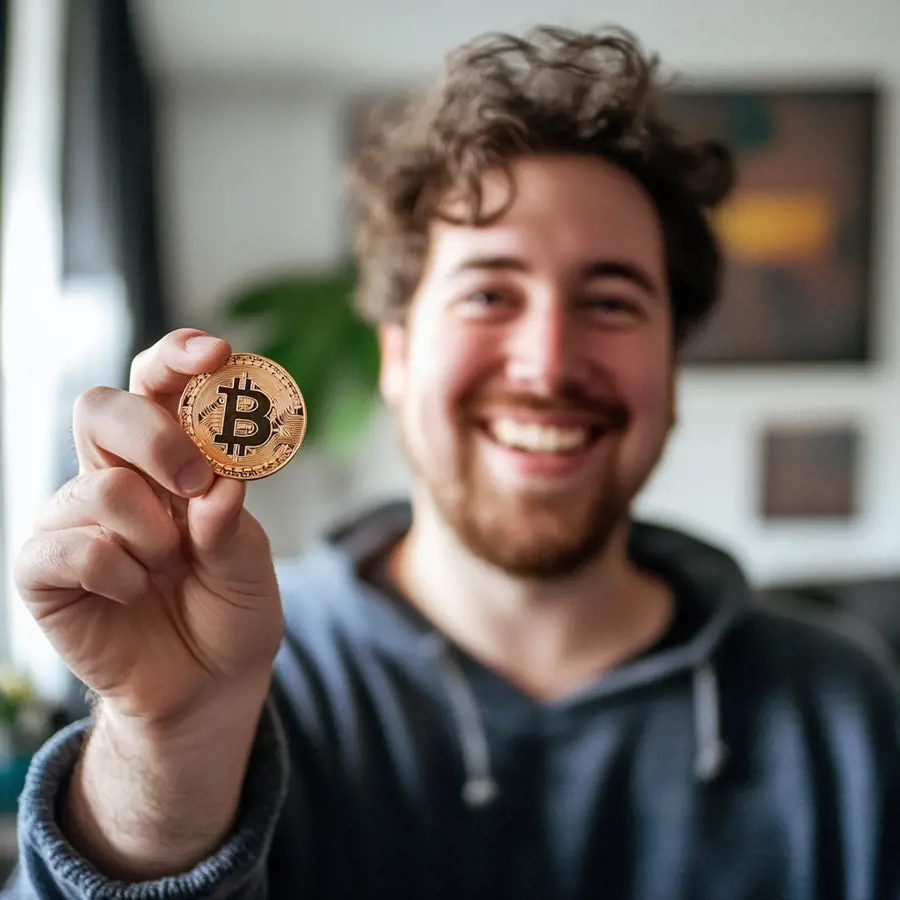 Een glimlachende man die voor de camera een bitcoin in zijn hand vasthoudt.