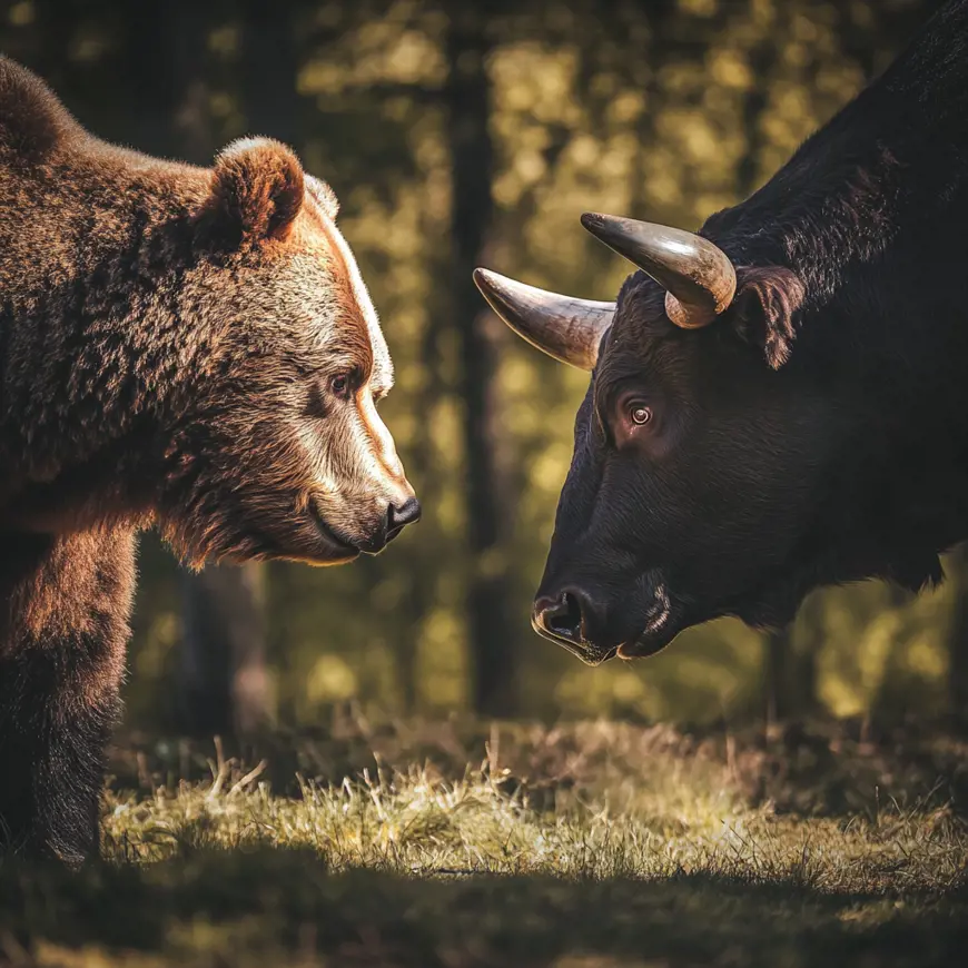 Een beer en een stier die naar elkaar staren.