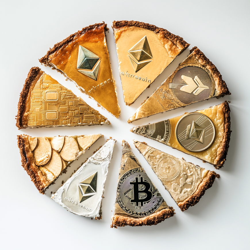 Een bovenaanzicht van een taart met daarop crypto tekens