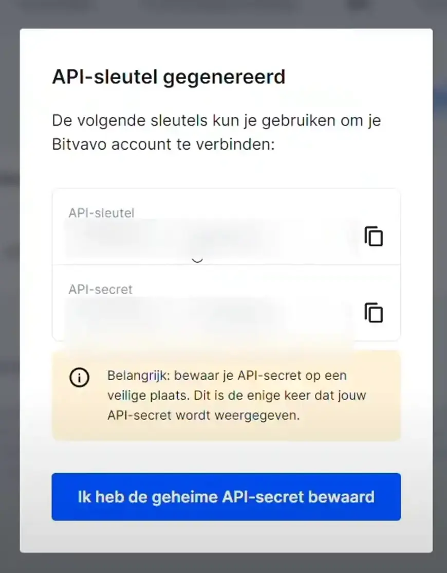 Een screenshot van Bitvavo met de gegevens van een API-sleutel