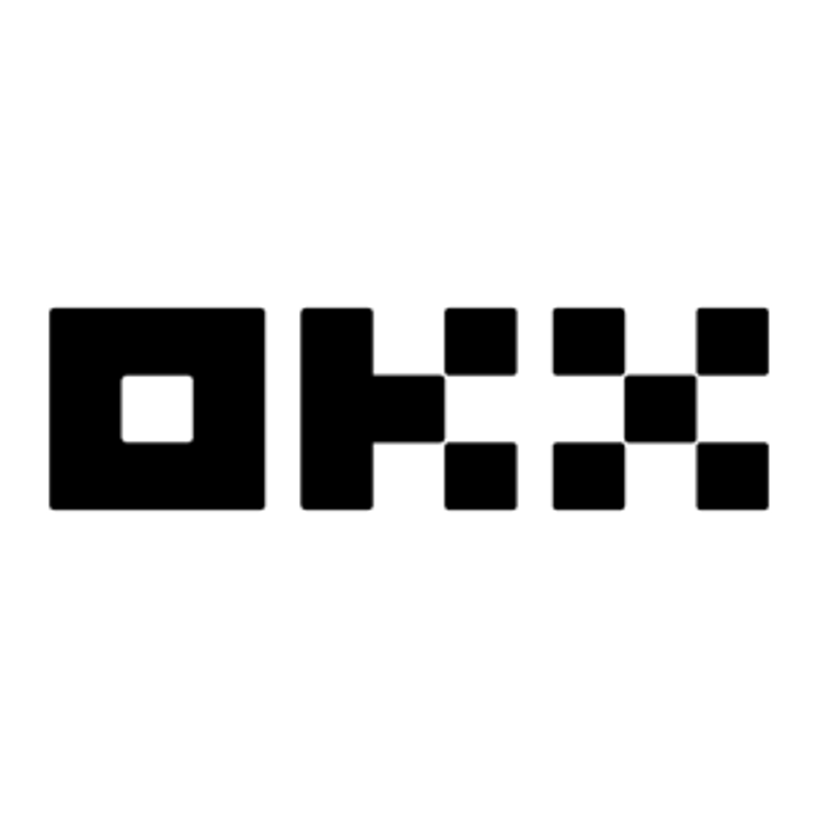 Het OKX logo in zwarte letters op een doorzichtig achtergrond.