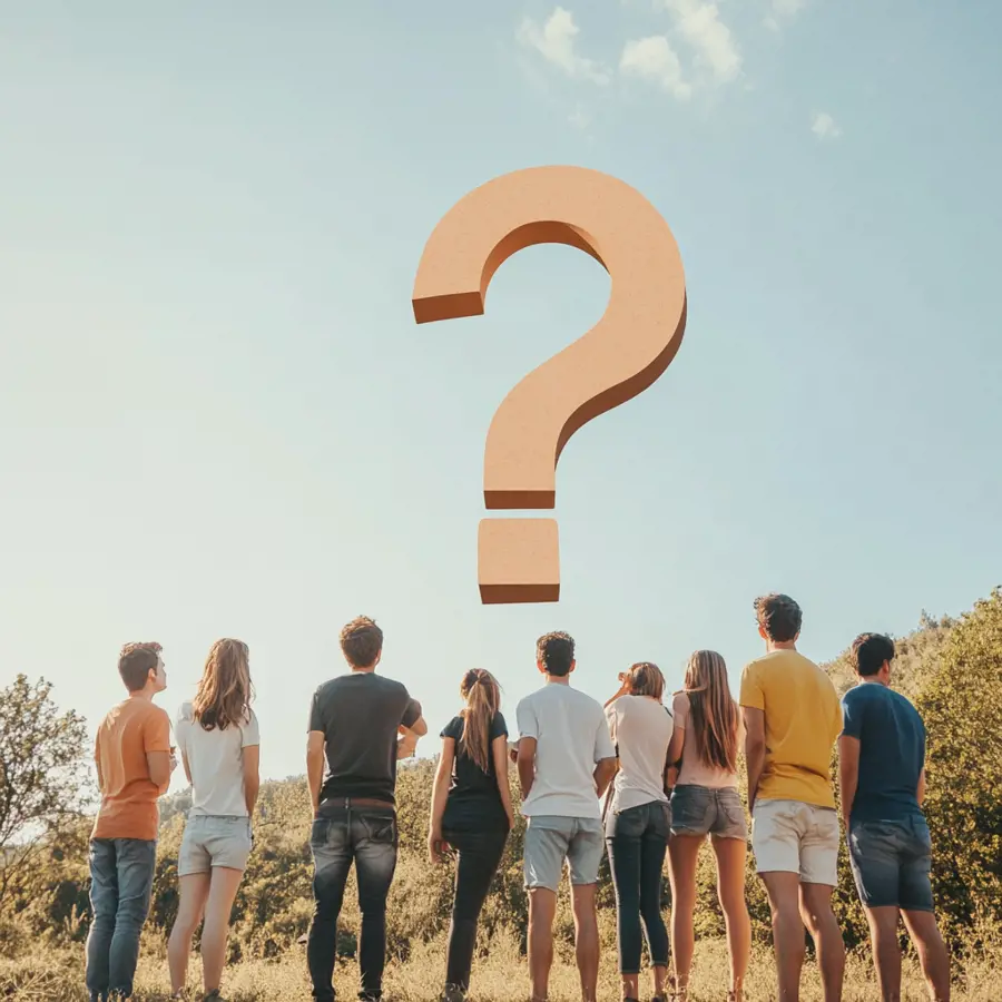 Een groep mensen die buiten staan en naar een vraagteken in de lucht kijken