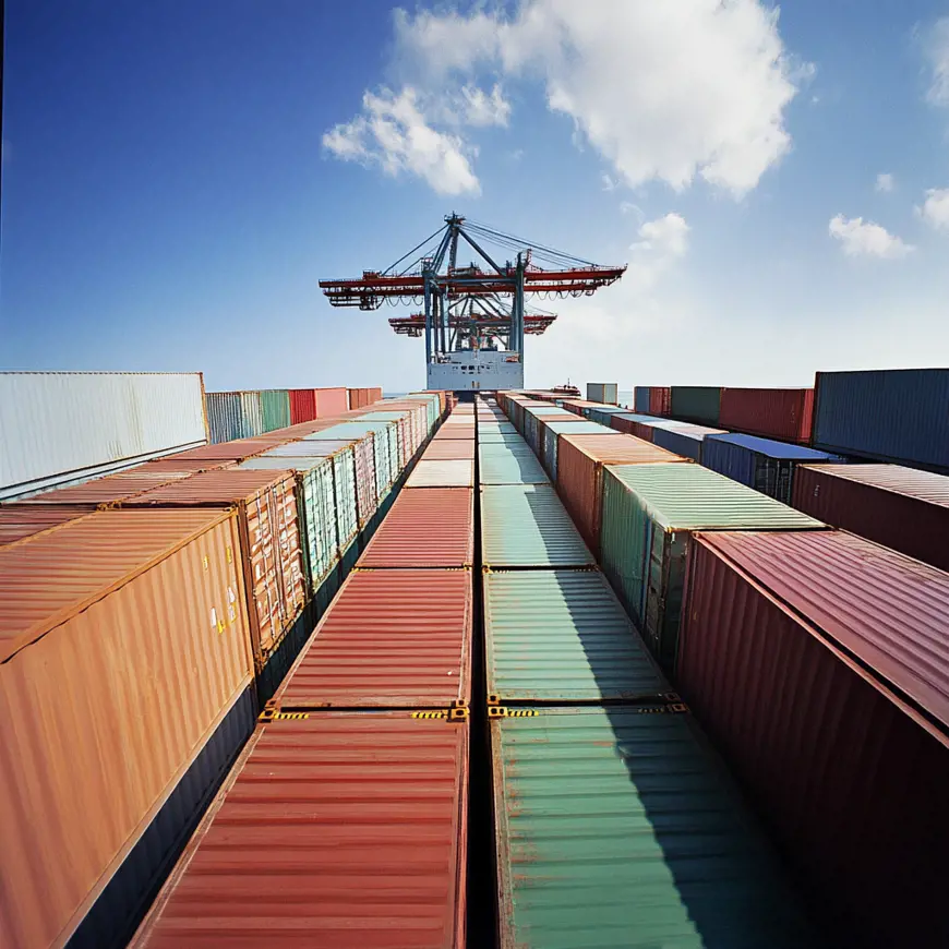 Een containerschip met veel kleurige containers met het stuurhut in zicht
