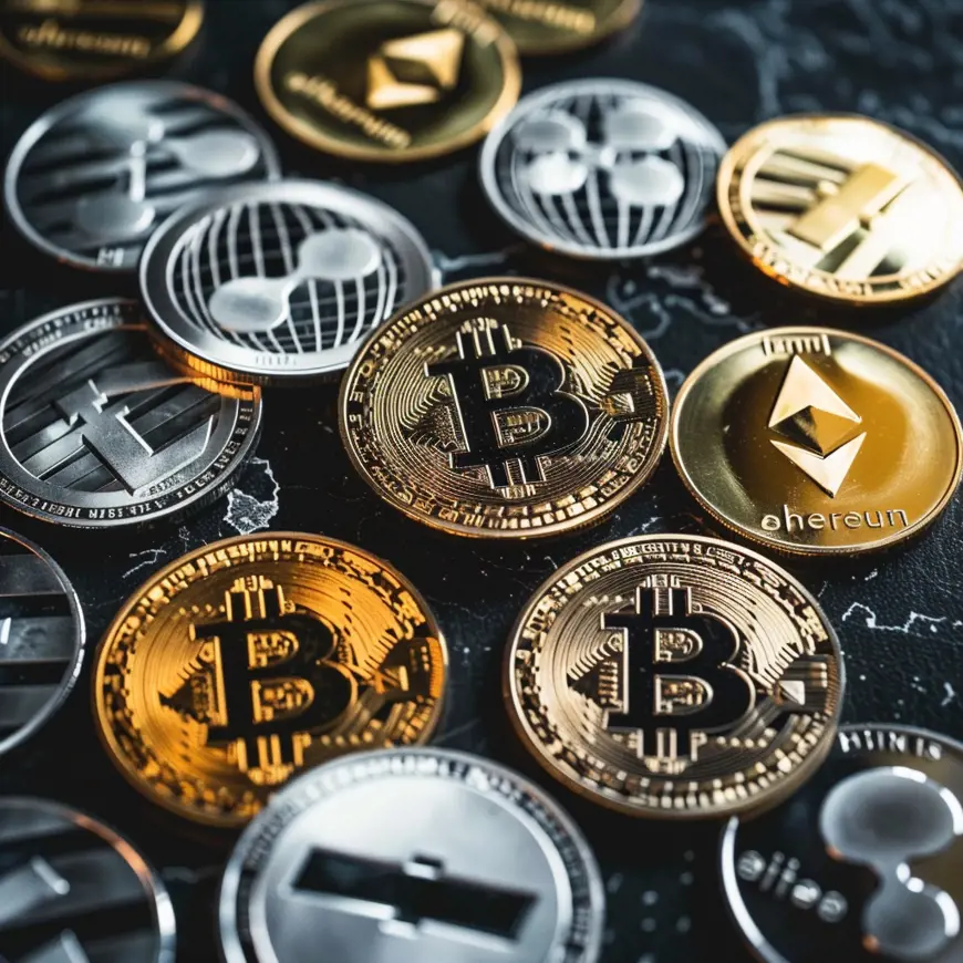 Een close-up van verschillende digitale munten, waaronder Bitcoin en Ethereum, tegen een donkere achtergrond met subtiele texturen, die de diversiteit in blockchaintechnologie symboliseert.