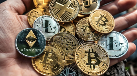 Een open hand met daarom meerdere crypto coins zoals ethereum, bitcoin en litecoin.