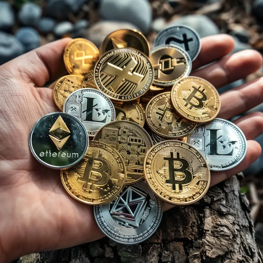 Een open hand met daarom meerdere crypto coins zoals ethereum, bitcoin en litecoin.