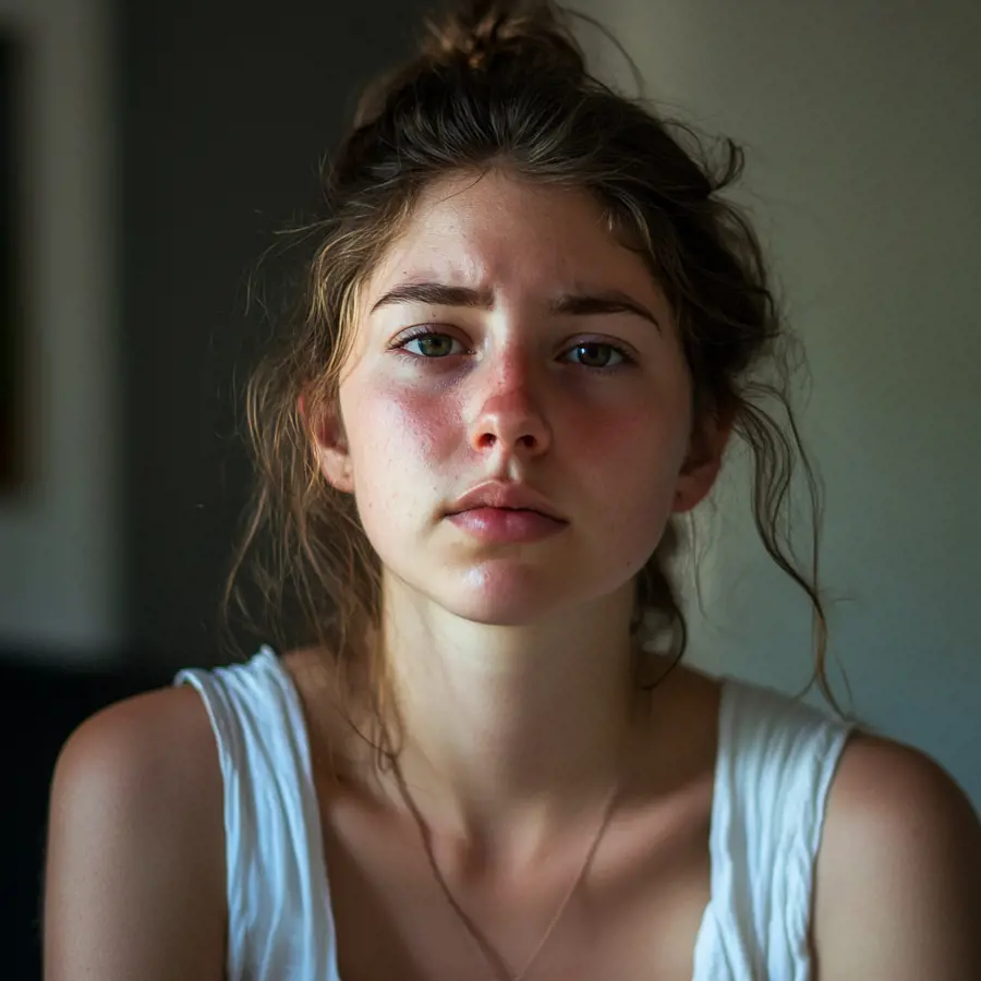 Een joge vrouw in witte hemd die niet blij kijkt