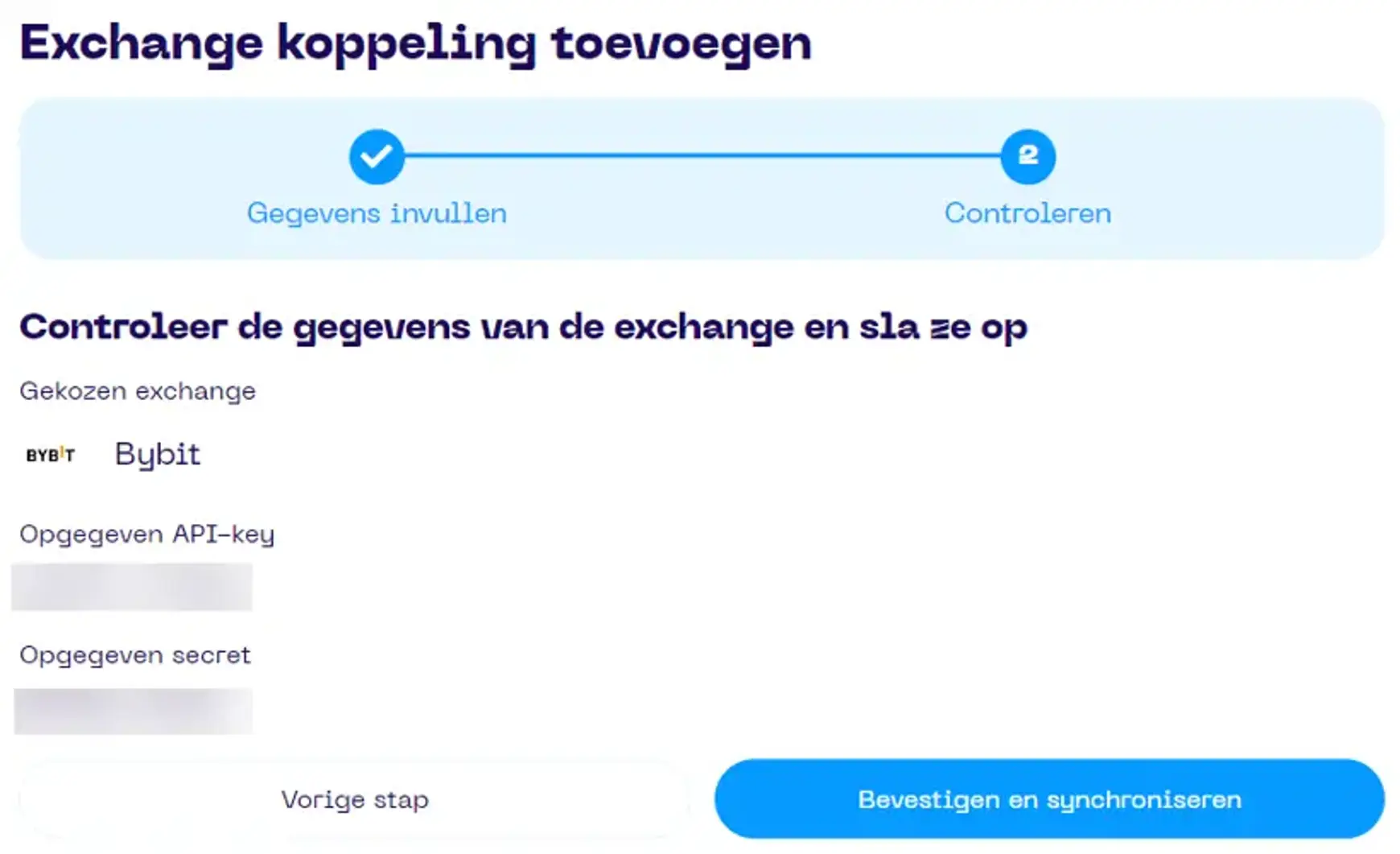 Een screenshot van de Portfolio App met schermonderdeel aanwijzingen voor koppelen van Bybit stap 2