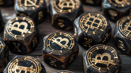 Meerdere dobbelstenen met daarom de teken van Bitcoin.