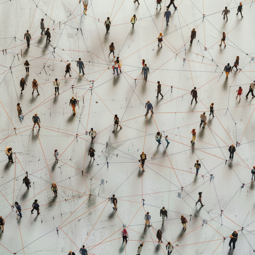 Fotorealistische afbeelding die decentralisatie symboliseert, met verbonden netwerken en technologie.