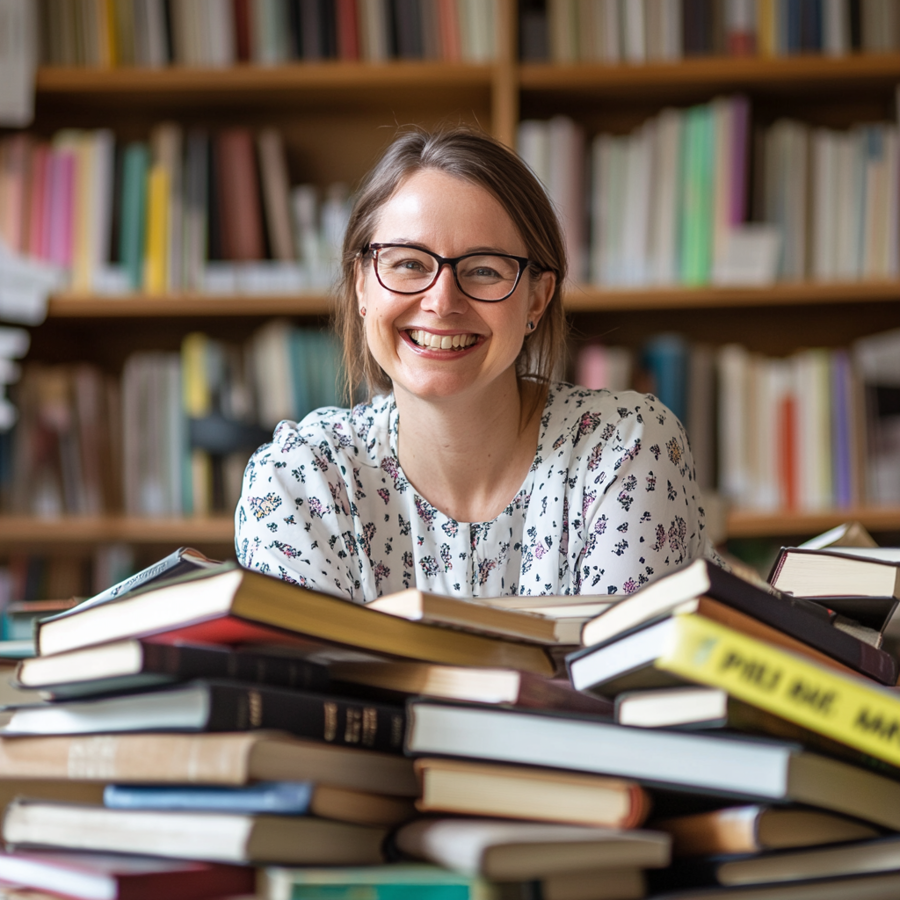 Een glimlachende vrouw achter een stapel boeken