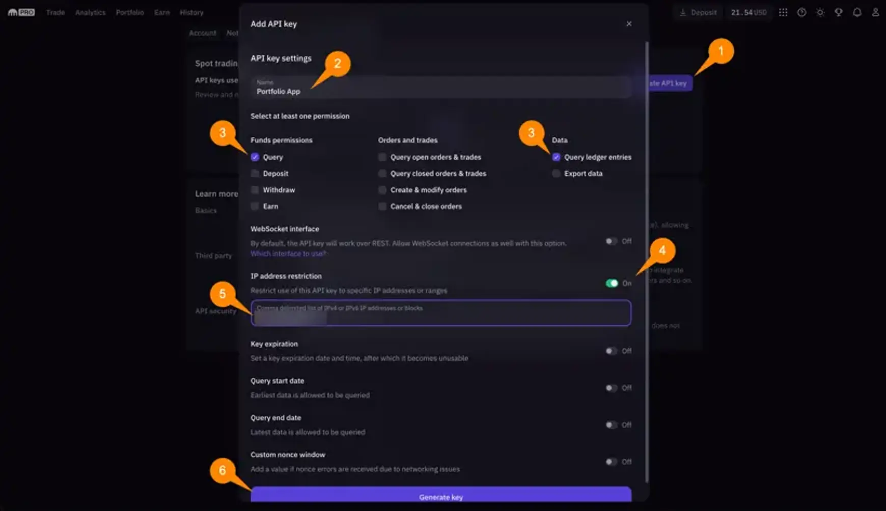 Screenshot van Kraken met aanwijzingen voor het instellen van de api key