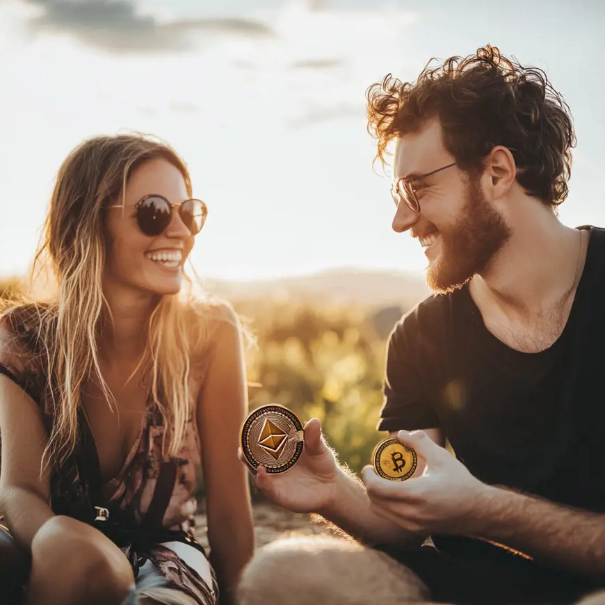 Een zittende vrouw en man die naar elkaar glimlachen. De man heeft een ethereum en bitcoin in zijn handen.